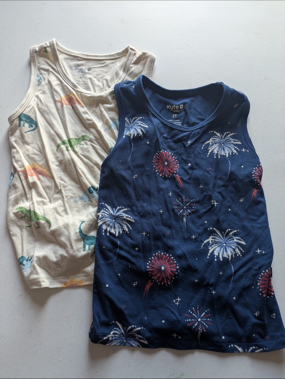 Kyte BABY 🎆 Navy Fireworks & Cream Dinosaur 🦖 Tank Tops